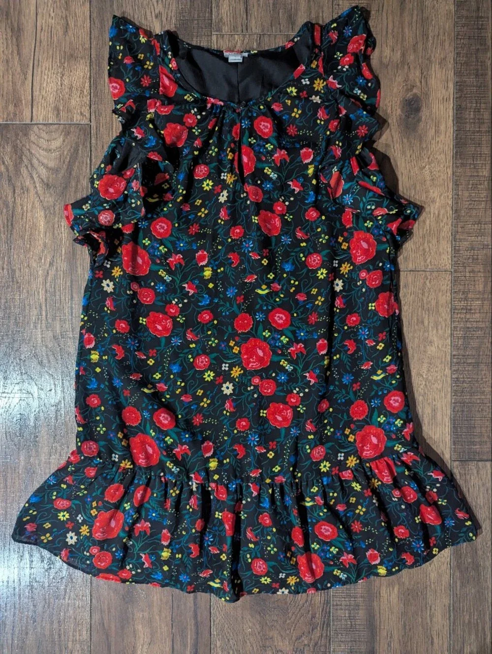 J Crew Black w/ Vibrant Red & Yellow Floral Print Flutter Mini Ruffle Dress Sz S